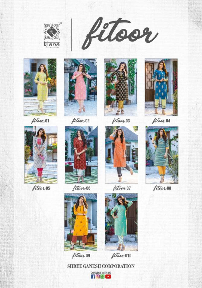 KIANA FITOOR Fancy Designer Festive Wear Rayon With Cotton Printed And Hand Work Kurtis With Bottom Collection